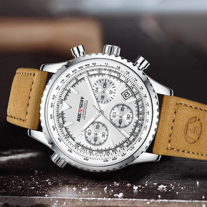 Herren-Chronographenuhr | Braunes Lederarmband