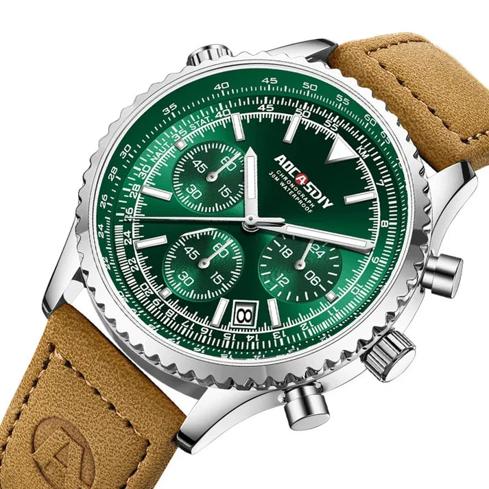 Herren-Chronographenuhr | Braunes Lederarmband